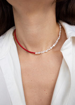 Half and Half Freshwater Pearl Necklace in Red