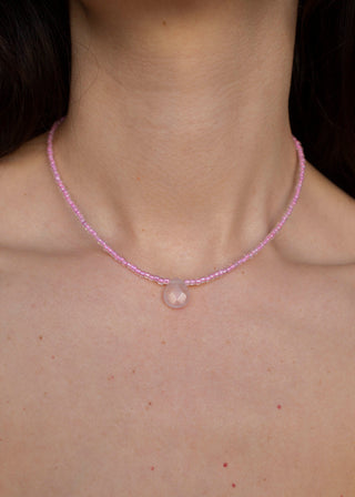Glass Bead Gemstone Necklace in Pink Quartz