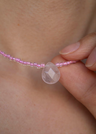 Glass Bead Gemstone Necklace in Pink Quartz